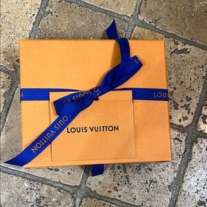 Louis Vuitton Vibrant Orange Box with Bold Blue Ribbon. Small wallet box